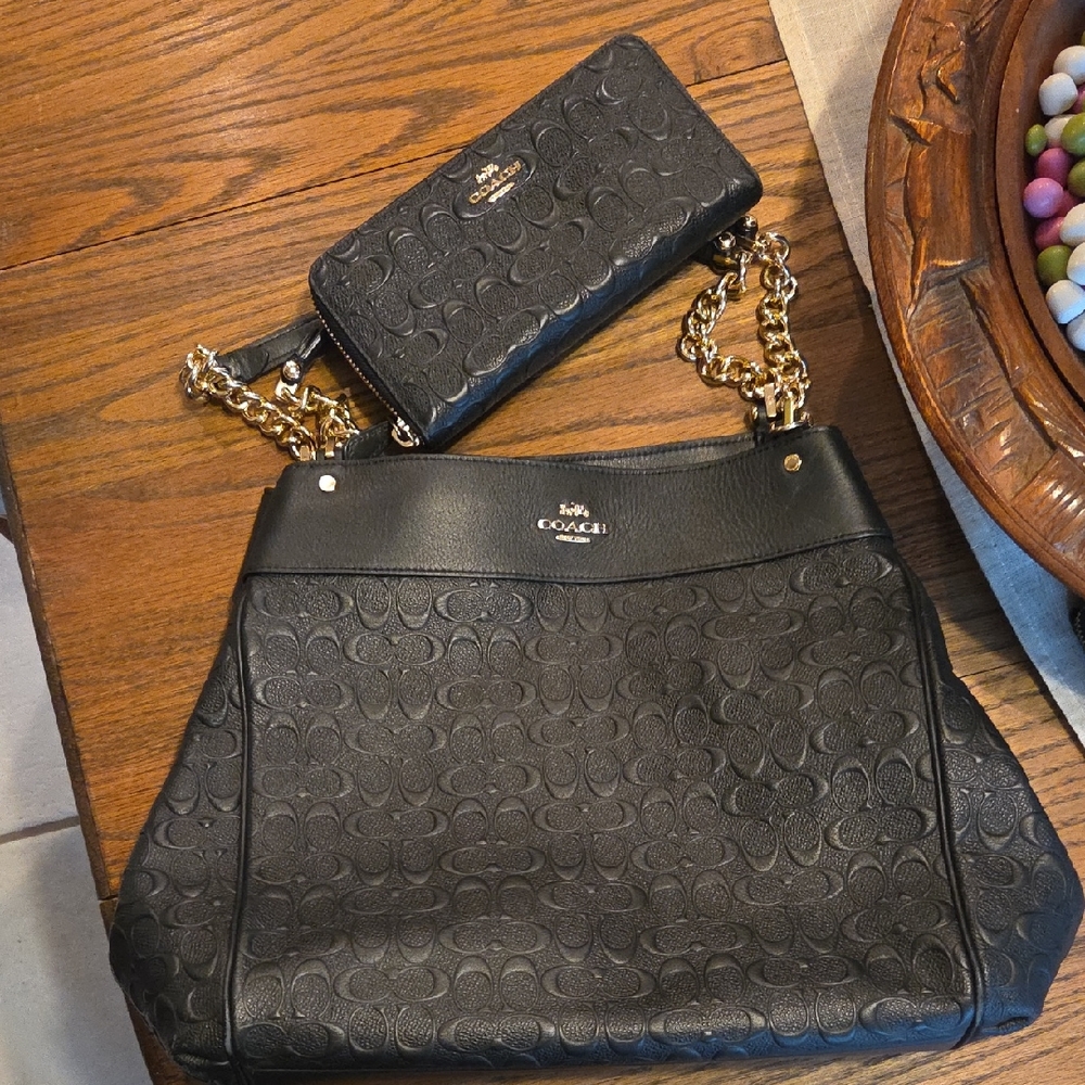 Coach Black Embossed Leather Shoulder Bag and Wallet